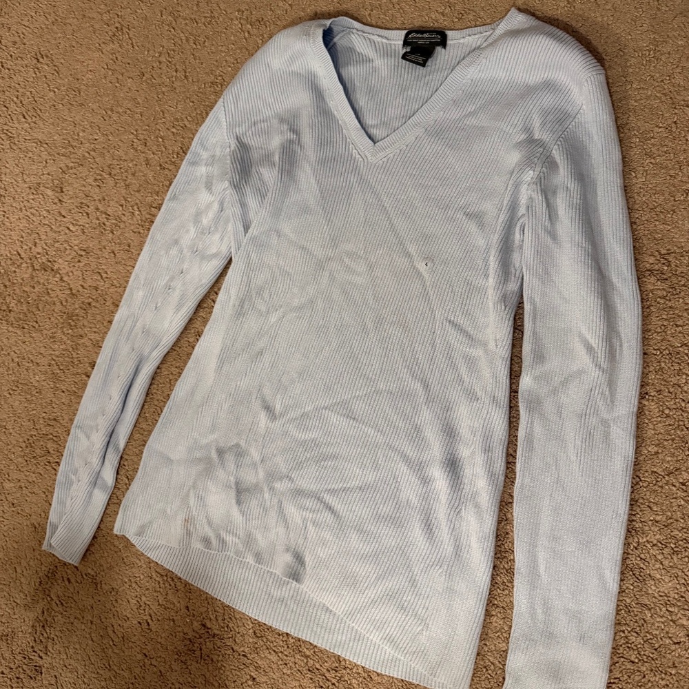 Eddie Bauer Light Blue Ribbed V-Neck Long Sleeve – Large